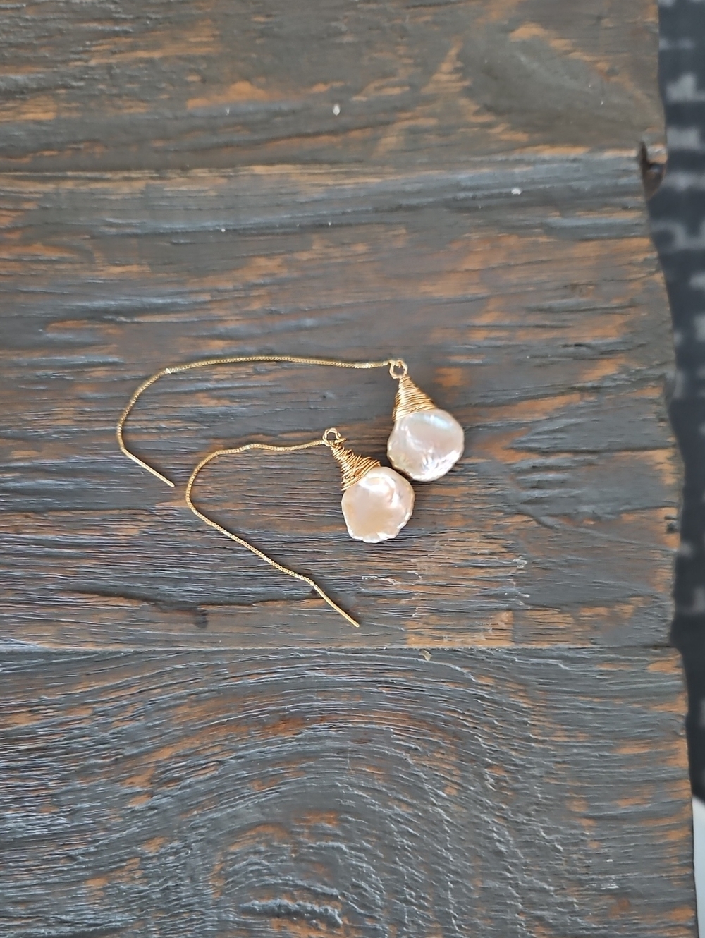Gold Filled Wire-Wrapped Freshwater Pearl Drop Earrings - Pink Pearlescent